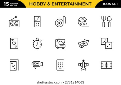 Conjunto de Ícones de Linha de Hobby e Entretenimento – Ícones Lineares Modernos Minimais Editáveis Pixel-Perfeitos para Projetos Criativos, Mídia Digital e Design de UI, Ilustração Vetorial