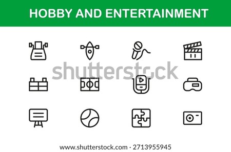 Hobby Entertainment Line Icon Set – Professional Minimal Vector Icons for Creative Projects, Leisure Activities, and Fun Pastimes