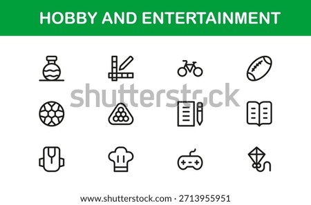 Hobby Entertainment Line Icon Set – Professional Minimal Vector Icons for Creative Projects, Leisure Activities, and Fun Pastimes