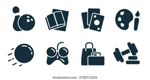 Hobby excellent icon collection. Bowling ball, fishing rod, perfume bottle, paint canvas, palette and brush, speed ball, game controller, shopping bags