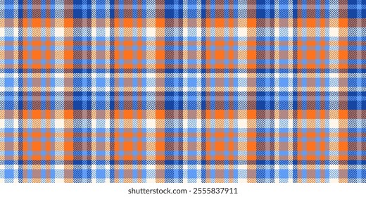 Hobby fabric texture background, azul plaid tartan vector. Fibre seamless pattern textile check in blue and indian orange colors palette.