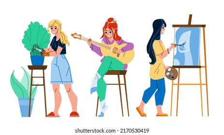 hobby female vector. artist happy craft, paint and workshop, creative girl, handicraft learning hobby female character. people flat cartoon illustration