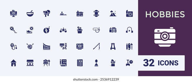 Hobby filled icon collection. Contains such icons as watermelon, fresh, sea, theatre, vehicle, adventure, camera. Collection for mobile and web apps. Editable vector illustration.