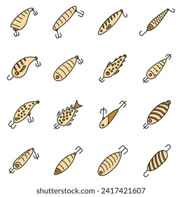 Hobby fish bait icons set. Outline set of hobby fish bait vector icons thin line color flat on white