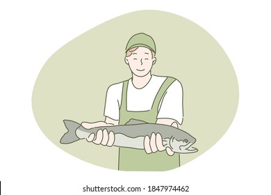 Hobby, fishing, catch concept. Young happy smiling man angler fisherman cartoon character showing fish and looking at camera. Summertime holiday recreation and active lifestyle vector illustration.