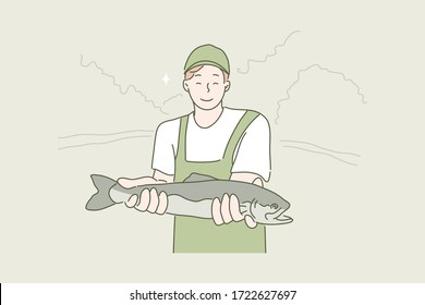 Hobby, fishing, caught concept. Young happy smiling boy angler fisherman cartoon character showing catch and loking straight at camera. Summer holiday recreation and active lifestyle illustration.