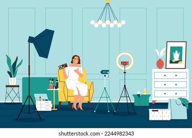 Hobby flat concept with beauty blogger shooting makeup video vector illustration