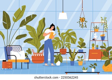 Hobby flat concept with woman watering house plants vector illustration