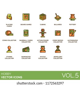 Hobby flat icon set. Playing cards, board game, cubing, billiard, pottery, coins collector, baseball, action figure, comic books, autographs, stamps, banknotes, watch, jewelry. 