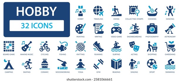 Hobby flat icons collection. Traveling, cooking, dancing, video game, photography, fishing, sports, chess, astronomy, reading sign set.