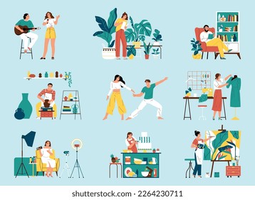 Hobby flat icons set with people during creative occupation isolated vector illustration