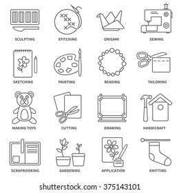 Hobby flat line icons set with sketching painting gardening symbols isolated vector illustration