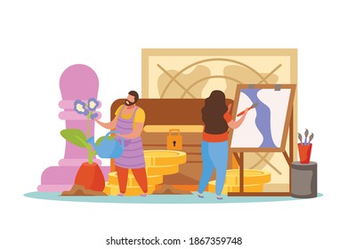 Hobby flat people recolor composition with human characters watering flower drawing painting with stacks of coins vector illustration