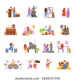 Hobby flat people set of isolated icons with doodle characters with various activities on blank background vector illustration