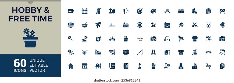 Hobby flat solid icon set. Contains related to summer, fitness, mountaineering, ship, vehicle, theatre, bikini, ticket. Pixel perfect. Vector illustration.