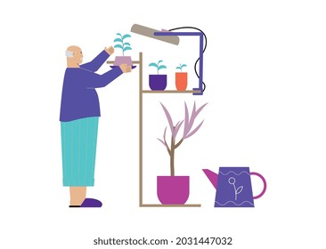 Hobby gardening composición plana con el hombre mayor cuidando la ilustración vectorial de las flores