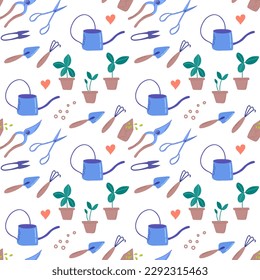 Patrón sin foco con elementos de jardinería, actividades de bricolaje. El concepto de jardinería en el hogar y cuidado de plantas. Fondo vector abstracto dibujado a mano.