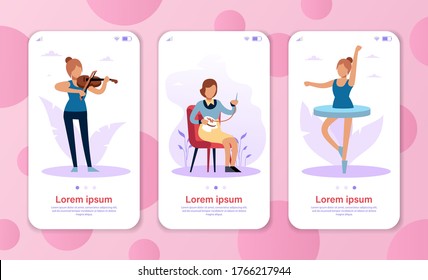 Hobby girls. Achievement career concept for mobile app, website or web page, smartphone screen. Girl plays violin, woman embroiders and female dancers ballet. Cartoon flat vector set
