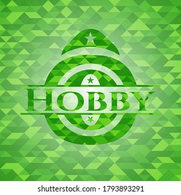 Hobby green emblem with mosaic background. Vector Illustration. Detailed. 