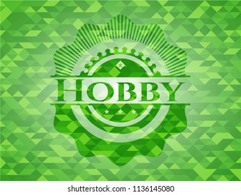 Hobby green emblem with triangle mosaic background