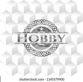 Hobby grey badge with geometric cube white background