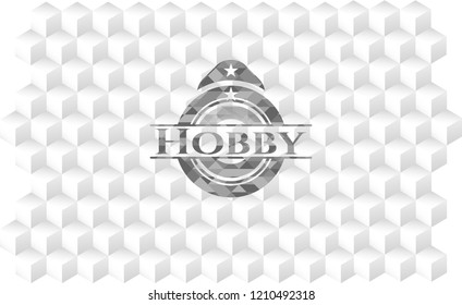 Hobby grey badge with geometric cube white background