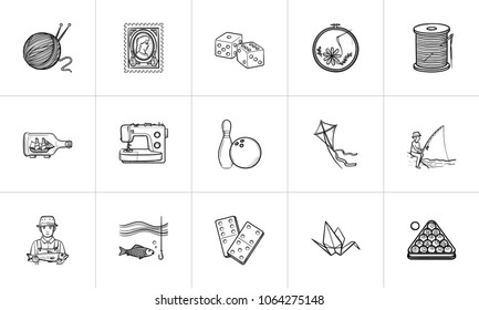 Hobby hand drawn outline doodle icon set for print, web, mobile and infographics. Hobby vector sketch illustration set isolated on white background.