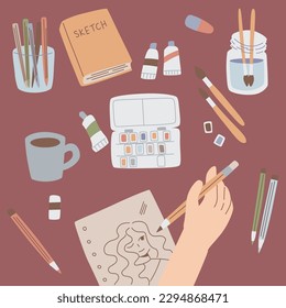 Hobby hand drawn vector symbols. Set of supplies for hobby and handmande elements on white background.