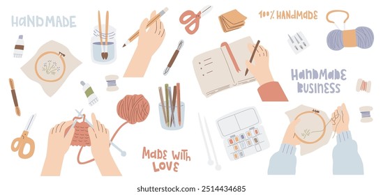 Hobby handgezeichnete Vektorsymbole. Set mit Vorräten für Hobby- und Handarbeit auf weißem Hintergrund.