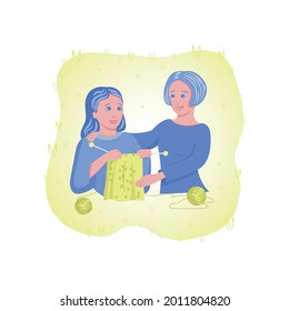 Hobby, handmade, crafts. Knitting. A woman teaches a girl to knit. Multi-colored image. Vector illustration.