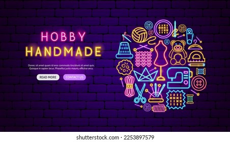 Hobby Hobby Handmade Neon Banner Design. Ilustración vectorial de la promoción de artesanías.