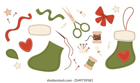 Hobby handmade sewing Christmas stocking fabric toy. Retro vintage Xmas boot crafting, materials and tools Vector illustration. Isolated elements on white in flat style