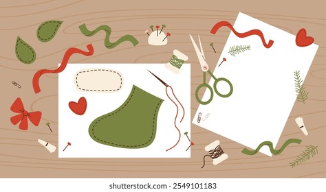 Hobby handmade sewing Xmas stocking fabric toy. Christmas crafting scene with fabric, scissors, thread, blank, ribbons and sewing materials arranged on wooden surface. Vector illustration