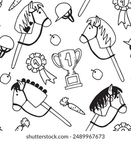 hobby horsing seamless pattern. cute doodle style print with a toy horse.