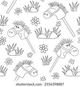 Hobby horsing seamless pattern. Cute vector print with toy horse. Coloring book