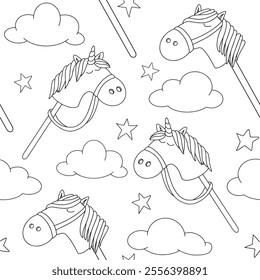 Hobby horsing seamless pattern. Cute vector print with toy horse. Coloring book