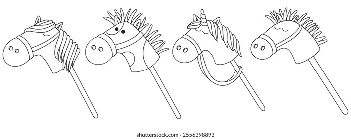 Hobby horsing. Set of cute vector illustration with a toy horse. Coloring book