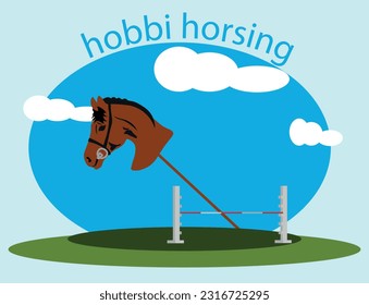 Hobby horsing is a sport that consists of "jumping" on a wooden stick with a horse's head. vector drawing. poster for sports competition. provided space for text.