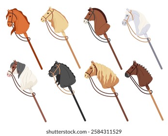 Hobby horsing sticks. Children toy with horse head on wooden stick, trendy kids equestrian sport and animal galloping and riding equipment. Stick horses isolated cartoon vector illustration set.