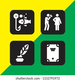 hobby icon. 4 hobby set with writer, fishing, photographer and eight ball vector icons for web and mobile app