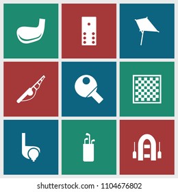Hobby icon. collection of 9 hobby filled icons such as kite, domino, fishing rod, golf putter, golf stick, table tennis, chess board. editable hobby icons for web and mobile.