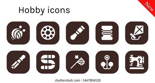 hobby icon set. 10 filled hobby icons.  Collection Of - Yarn ball, Bobbin, Chisel, Fishing line, Kite, Worm, Butterfly net, Bait, Sewing machine