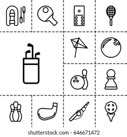 Hobby icon. set of 13 outline hobbyicons such as kite, tennis rocket, chess pawn, bowling, golf stick, table tennis, domino, bowling ball, fishing rod, inflatable boat, golf
