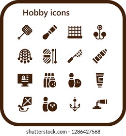  hobby icon set. 16 filled hobby icons. Simple modern icons about  - Net, Chisel, Bait, Wool, Paint tube, CV, Bowling, Kite, Hook