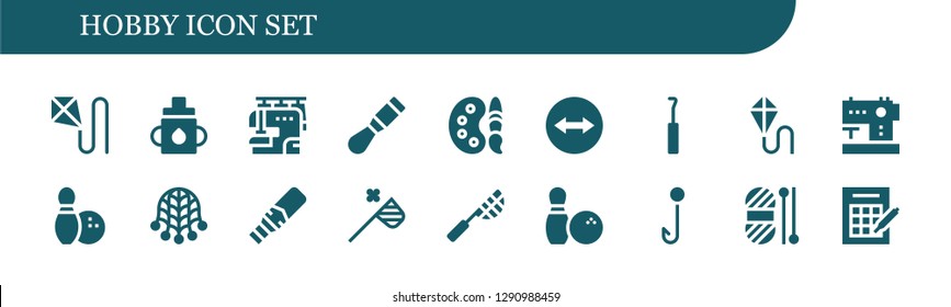  hobby icon set. 18 filled hobby icons. Simple modern icons about  - Kite, Feeder, Sewing machine, Chisel, Paint palette, Team viewer, Hook, Bowling, Net, Metal detector, Butterfly net