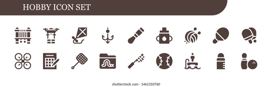 hobby icon set. 18 filled hobby icons.  Collection Of - Sewing machine, Drone, Kite, Hook, Chisel, Feeder, Yarn ball, Table tennis, Bingo, Net, Worm, Tennis, Flyboard, Bowling