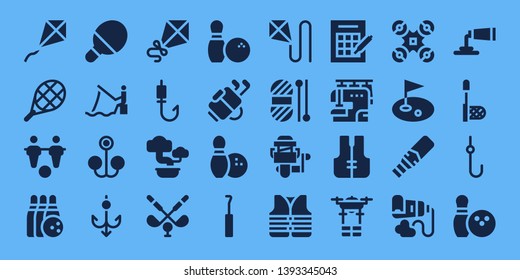 hobby icon set. 32 filled hobby icons. on blue background style Simple modern icons about  - Kite, Tennis, Foosball, Bowling, Table tennis, Fishing, Bait, Hook, Fishing rod, Bonsai