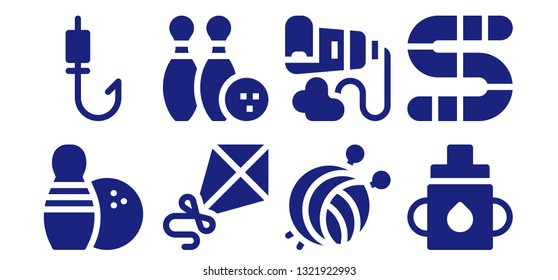 hobby icon set. 8 filled hobby icons.  Simple modern icons about  - Bowling, Fishing rod, Kite, Yarn ball, Paint tube, Feeder, Worm