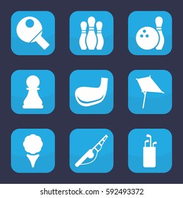 hobby icon. Set of 9 filled hobby icons such as kite, chess pawn, bowling, golf stick, table tennis, fishing rod, golf