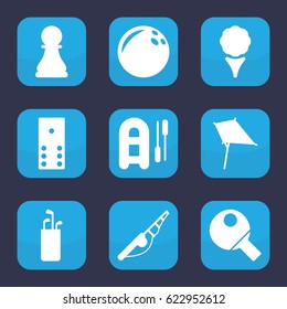 Hobby icon. set of 9 filled hobby icons such as kite, chess pawn, table tennis, domino, bowling ball, fishing rod, inflatable boat, golf